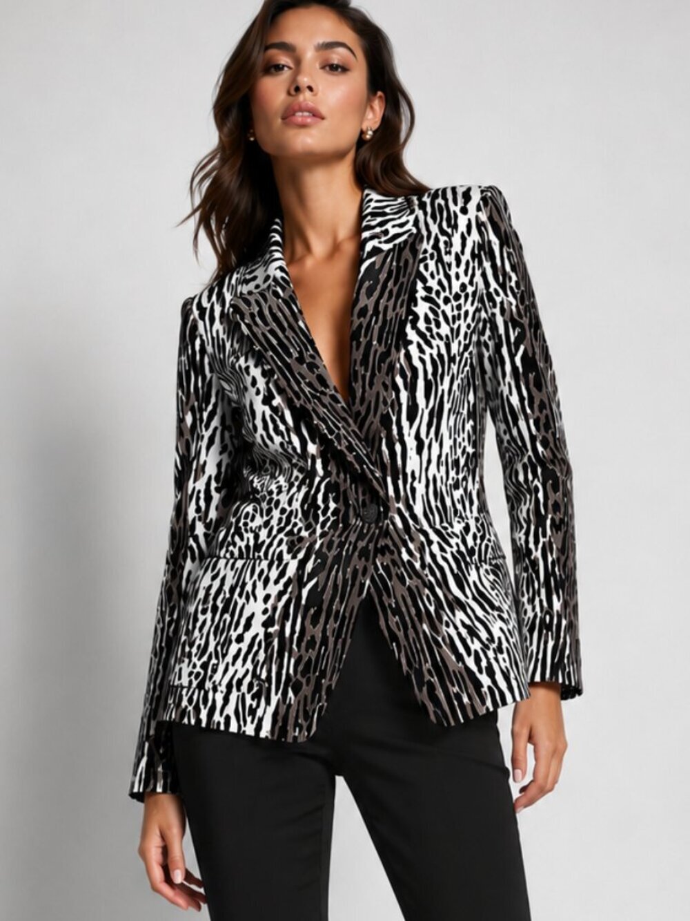 St. John Brown & White Animal Print Cotton Blend Statement Blazer 2